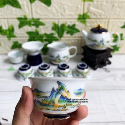 Bộ Ấm Chén Sơn Thủy 9 Món Viền Vàng